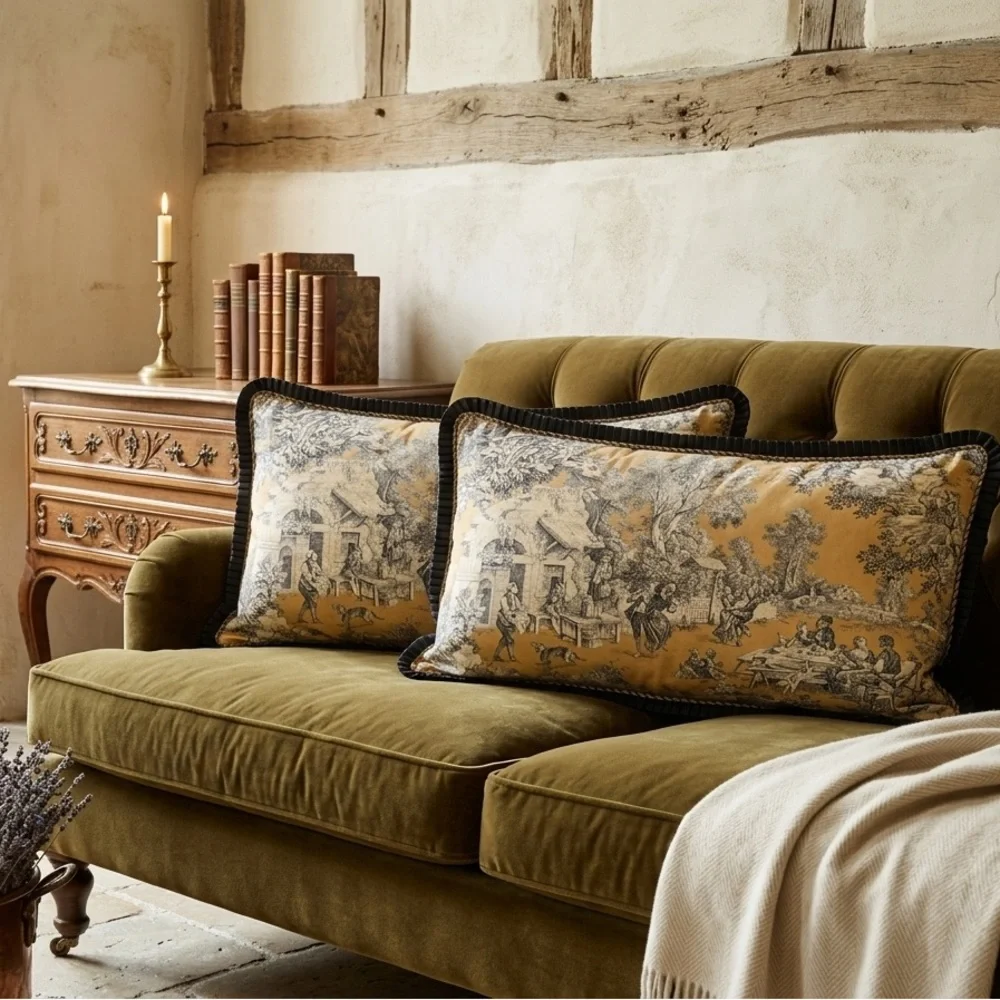 Vintage Custom- Made Toile Decorative Throw Pillows – Set of 2